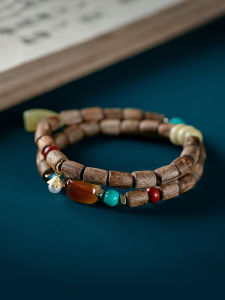 Natural Cambodia Bodhisattva Chess Eaglewood Bracelet Super Beeswax Pearl Double Circle with Shape Kyara Bracelet Female Barrel Beads