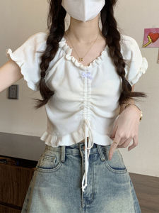 Áo Thun Tay Ngắn Màu Trắng Thanh Lịch Cho Nữ Mùa Hè Thiết Kế Eo Rút Dây Áo Ngắn Thời Trang Cổ Chữ V Màu Trơn Phong Cách Hàn Quốc