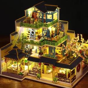 3D Wooden DIY Dollhouse Kit with LED Light Chinese Courtyard Miniature House Model Assembly Puzzle Toy Gift for Adults Kids
