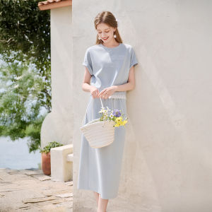 XIANGYING | Blue Casual Set Dress Lace Splicing T-shirt Mid-length Skirt