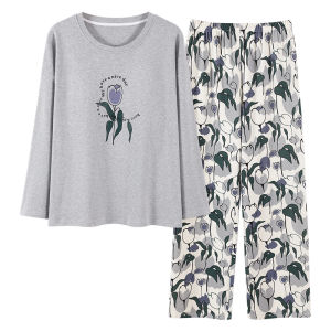 Bộ đồ ngủ nữ MiiOW làm bằng vải cotton dài tay quần dài cổ tròn có đệm ngực