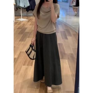 YUEZHONGWEI | French Style Loose Shoulder One-Shoulder Ice Silk Linen Knitted Short Sleeve T-Shirt Women Summer Casual Striped Top