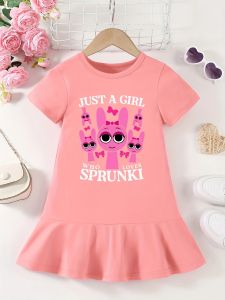 Girls SPRUNKI printed short sleeved dress sweet ruffle hem skirt summer T-shirt skirt casual and comfortable
