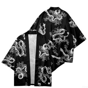 Quần Short Kimono Đi Biển Thông Thường Mùa Hè Dành Cho Các Cặp Đôi - Áo Khoác Cardigan Yukata Truyền Thống In Hình Rồng Nhật Bản Màu Đỏ Trung Quốc Màu Đen Polyester