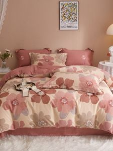 Thickened Pure Cotton Flannel Four-Piece Bedding Set Luxury Printed Duvet Cover Bed Sheet for 1.5m 1.8m Bed Bedroom