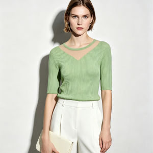 AMII | Commute Style Round Neck Organza Short Sleeve Knitted Top