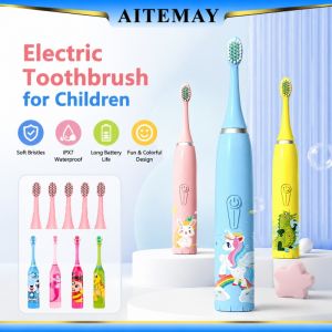 Aitemay bàn chải đánh răng điện trẻ em hoạt hình với 5 bàn chải đánh răng pin đầu thay thế siêu âm âm cho trẻ em lông mềm IPX7 không thấm nước 4 chế độ