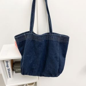 Casual Large Capacity Denim Tote Bag Womens 2024 New Versatile Commuter Class Shoulder Bag Tote Bag Soft Polyester Lining