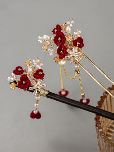 เครื่องประดับผมสไตล์จีนโบราณสีแดง ดอกไม้ อาหารกลางวัน สำหรับผู้หญิง ชุดฮันฟู ชุดเจ้าสาว ชุดกิ๊บติดผมไม้ ชุดกิ๊บติดผมทองแดง
