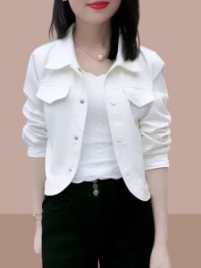 Casual Loose Womens Jacket Short Fashionable Spring Autumn Warm Polyester Korean Style Long Sleeve Polo Collar Solid Color