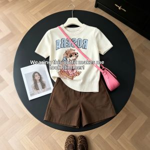 XUECAIQI | Korean Style Cartoon Print Knitted Short Sleeve Shorts Set