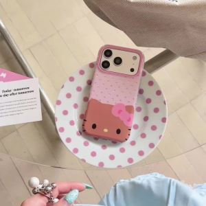 Sanrio | Silver Wave Dot Pink Black Leather Hello Kitty Sanrio Shockproof Phone Case For iphone 15 16 17 Pro Max Lens Protective Cover