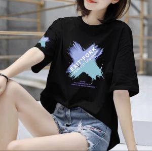 เสื้อยืดคอกลมแขนสั้นผ้าฝ้ายแท้หลวมๆ สำหรับผู้หญิง ฤดูร้อน 2025 เสื้อยืดแขนสั้นทรงหลวมๆ สำหรับผู้หญิงไซส์ใหญ่