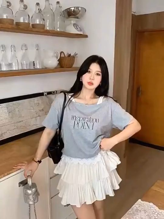 💥[A435] SET 2 ÁO NHÚM EO NỬA TRƯỚC thun cổ tròn phối chữ POINT dáng ...