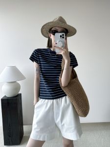 Casual Striped Short Sleeve Womens T-shirt Summer Design Shoulder Width Regular Cotton Blend Comfortable All-Match Top