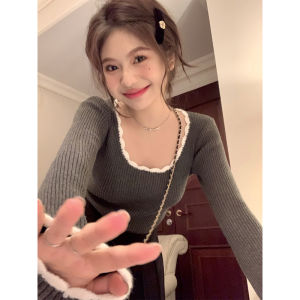 เสื้อถักคอโปโลสีล้วนสำหรับผู้หญิงไซส์ใหญ่ ทรงเข้ารูป แขนยาว คอกลม ทรงเข้ารูป เสื้อชั้นในฤดูใบไม้ร่วง/ฤดูหนาว