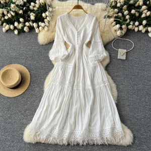 Elegant Lace Hollow out Gown Silhouette High Waist Long Skirt Korean Style Commute Spring Summer Autumn Winter A-Line Dress