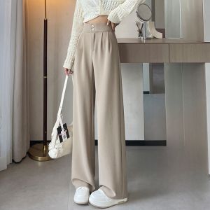 YAMIANNV | High Waist Drapey Straight Leg Pants Womens Extended Length Autumn Winter Warm Floor Length Trousers Slim Fit Suit Pants