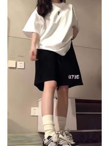 กางเกงขาสั้นทรงหลวมเอวสูงสีดำสำหรับผู้หญิง กางเกงขายาวทรงหลวมเอวสูงสำหรับฤดูร้อน 2024 กางเกงขายาวทรงหลวมสำหรับคู่รัก