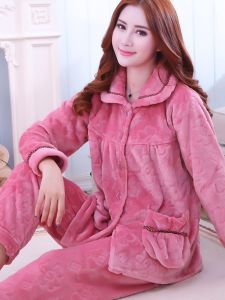 Thickened Coral Velvet Pajamas Womens Long Sleeves Spring Autumn and Winter Cute Flannel Suit Heattech Can Be Outerwear Homewear