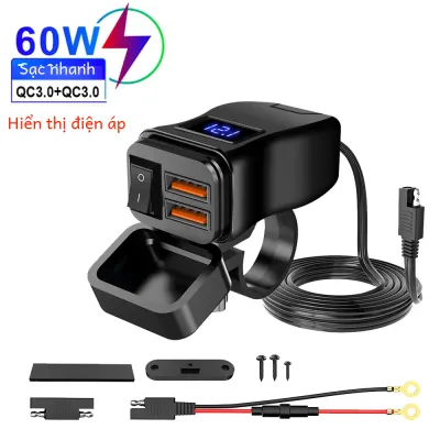 6.8a Pd + qc3.0 Sạc Điện Thoại Xe Máy Ổ Cắm USB Kép 60W Chống Nước 12V Bộ Chuyển Nguồn Có Công Tắc Vôn Kế tay Cầm Gắn