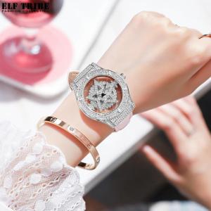Womens Quartz Watch Leather Straps Luxury Diamond Watches with Rotating Pentagram Dials