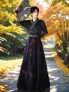 Autumn Winter Mens Clothing Double Layer Wide Skirt Heavy Embroidery Semi Sleeve State Robe Hanfu Youth Casual Polyester Fiber