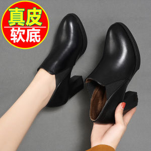 รองเท้าส้นสูงหนังแท้สำหรับผู้หญิง ทรงหัวมน พื้นยาง รองเท้าแฟชั่นฤดูใบไม้ผลิและฤดูใบไม้ร่วง รองเท้าส้นกลางแบบสวมสบาย