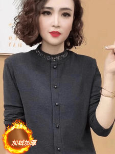 Spring New Fashion Rhinestone Stand Collar Double Sided Fleece Womens Loose Fit Overhead T-Shirt Moms Clothing Versatile Slimming Top