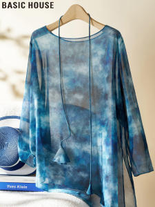 Basic House | Blue Icy Silk Printed Round-neck Long-sleeve Women Autumn Layering Shirt