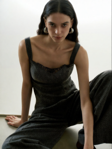 Lace Spliced Silk and Wool High Waist Straight Wide Leg Trousers