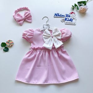 Váy Bé Gái 4 Đến 28kg Màu Tím Gấm Tổ Ong Phối Nơ [V081]