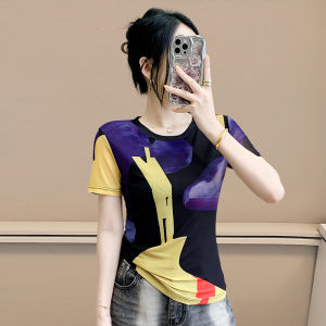 Yimei Thời Trang Phụ Nữ nhuộm kiểu cột thắt Lưới Áo Thun Tay Ngắn Cho Phụ Nữ Của Mùa Hè Thiết Kế ôm vừa Và Phong Cách in theo yêu cầu Top