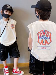 Boys Pure Cotton Sleeveless T-Shirt Lightweight Casual Summer Fashionable Childrens Base Shirt Medium Large Childrens Set