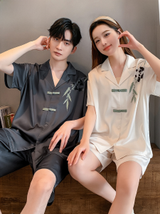 Couples Summer Ice Silk Short Sleeve Sleepwear Set Luxury Home Clothes Cartoon Print Polyester Fiber Youth Size Comfortable Fit