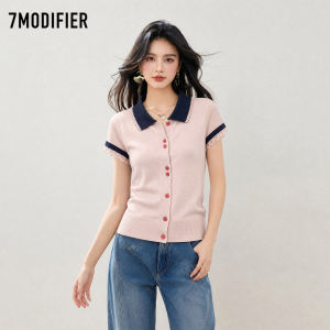 7.Modifier | Áo Cardigan Knit Tay Ngắn Cổ Polo phối màu viền ren