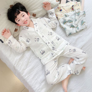 Boys Cotton Pajamas Thin Pure Cotton Muslin Home Clothes Spring Autumn Summer Air Conditioning Suit Cartoon Print Sleepwear