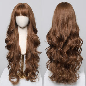 Honey Brown Wavy Wigs For Women With Bangs Super Long Natural Water Wave Synthetic Wig For Women Daily Cosplay Heat Resistant