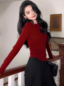 chaqi | Áo sơ mi dệt kim cổ tròn dài tay ôm vừa vặn thời trang cho nữ Áo lót bên trong có xếp ly thường ngày mùa xuân