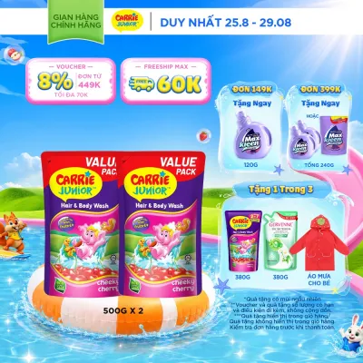Combo 2 Túi Sữa Tắm Gội Carrie Junior Cho Bé chiết xuất trái cây thiên nhiên Hương Cheeky Cherry 500G
