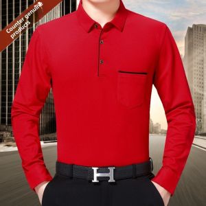 เสื้อยืดแขนยาวสีแดงสดสำหรับผู้ชาย ทรงหลวม ทรงปกติ ฤดูใบไม้ผลิและฤดูใบไม้ร่วง เสื้อผ้าทำงานสไตล์ธุรกิจ สีสันสดใส