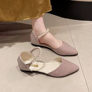 Womens Shoes 2024 New Arrival Spring K-style Flat Toe Box Sandals Women Pointed Pearl Buckle Every Night Gentle Shoes