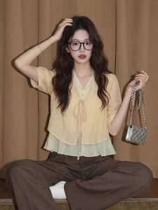 ZISUO | Illusion Layered V-Neck Tie Front Blouse