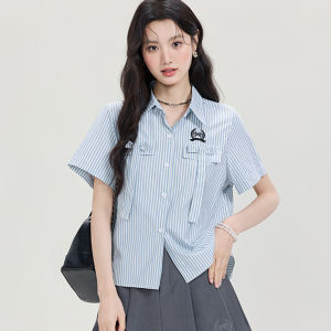 Áo Sơ Mi Nữ Mùa Hè Tay Ngắn Thêu Họa Tiết Sọc Xanh Cổ Polo Dáng Rộng Thoải Mái Thiết Kế Nơ Cài Nút