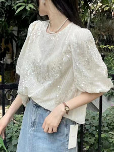 Shiny Sequin Bubble Sleeve Womens Shirt Short Sleeve Heavy Embroidery Fashionable European Style Commute Korean Version Straight Cut