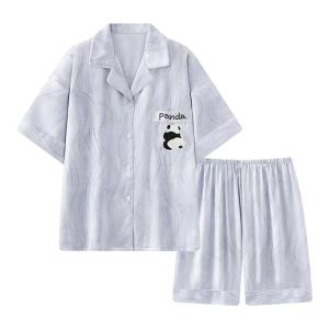 MiiOW | Mens Summer Thin Ice Silk Pajamas Short Sleeve Cartoon Panda Home Clothes Set Comfortable Breathable Lightweight Sleepwear