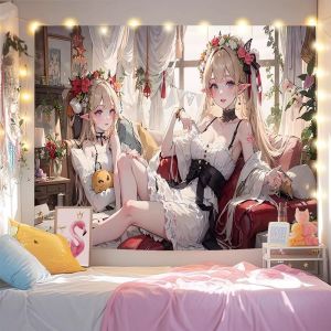 VIKAMA Nàng Tiên Anime Vòng Hoa Thảm Cô Gái Xinh Đẹp Vải Nền Cho Ký Túc Xá Trang Trí Phòng Không Dệt Polyester Treo Tường