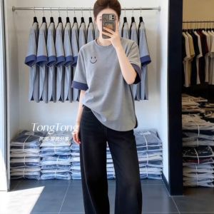Color Blocking Embroidered Short Sleeve Slimming T-shirt