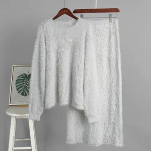 Autumn Winter Two Piece Sets Womens Outifits Fashion Wool Knitted Oversized Streetwear Pullover High Waist Skirt Casual Dress