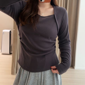 plus Size T-Shirt Womens Autumn Long Sleeve Slim Fit Square Collar Patchwork Base Shirt Korean Style Commute Classic Pattern